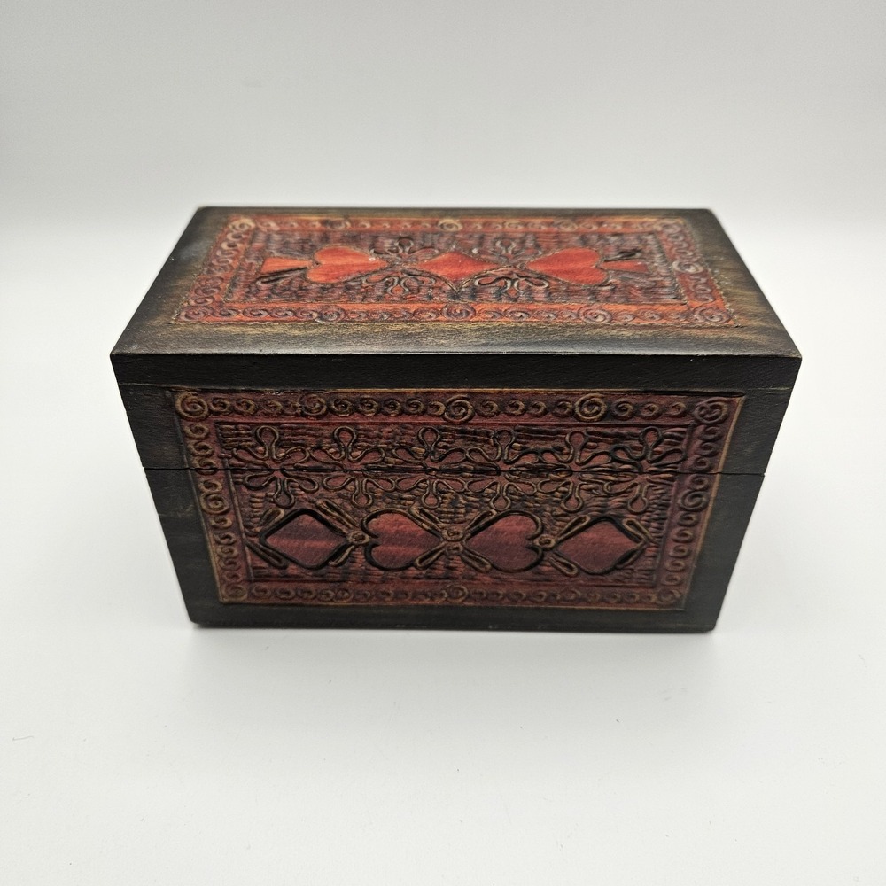 RARE Vtg Beautiful Carved Wood Box  Holds 2 Decks Of Cards Handmade In Poland